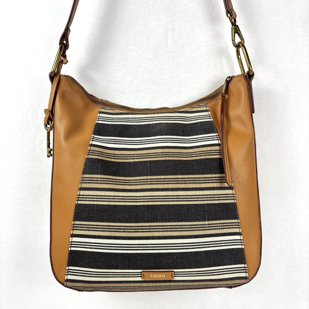 Fossil Talia Crossbody/Shoulder Bag Brown Striped Faux Vegan Leather Key Charm